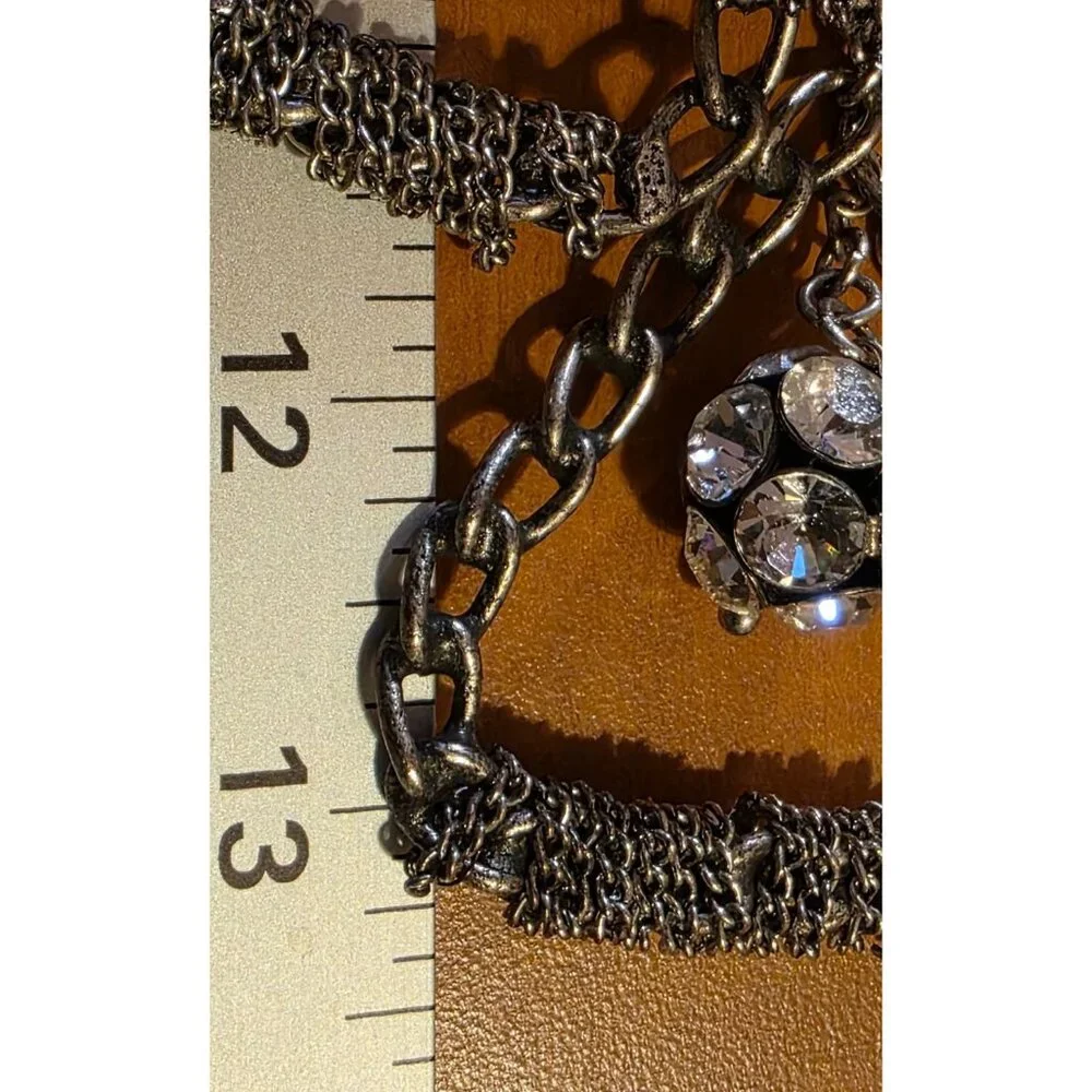 Vintage Necklace Efm Handmade Silver-Tone Statement Chain Rhinestone‎ Black Rope
